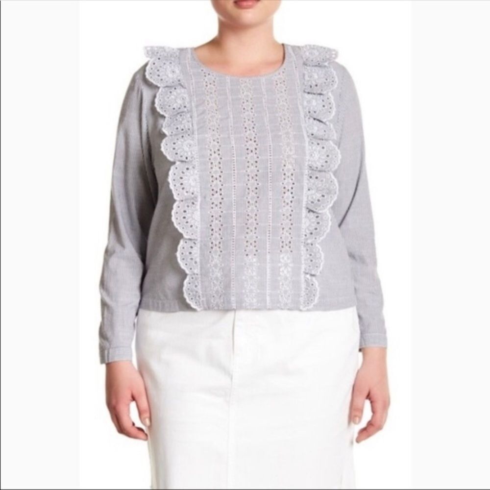 Navy Indigo Stripe Nautical Ruffle Embroidered Long Sleeve Cotton Office Blouse